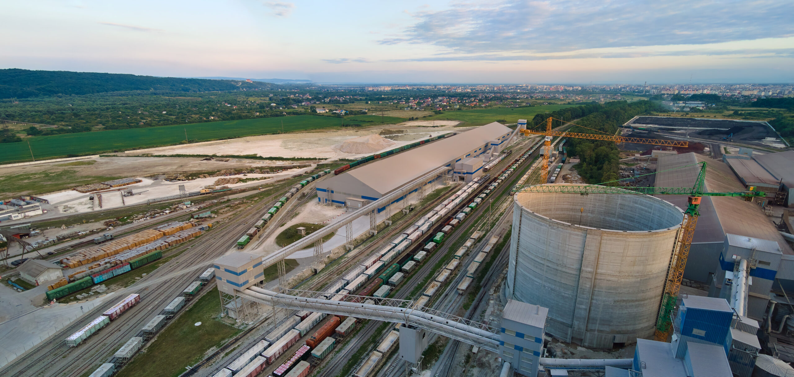 Aerial view of cement factory under construction with high concr